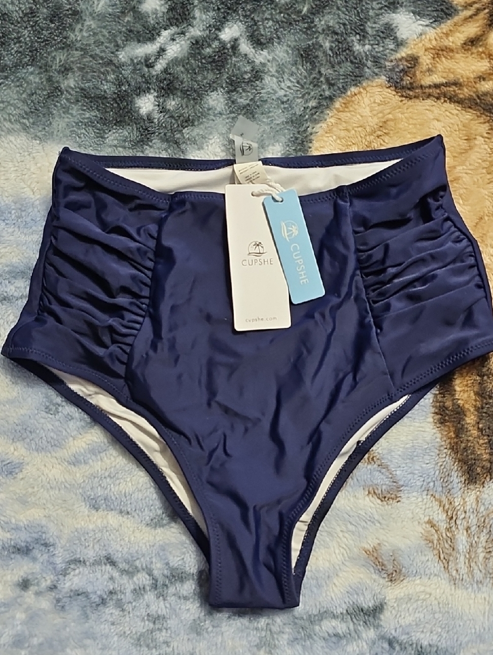 Cupshe Navy Ruched High-Waist Bikini Bottoms